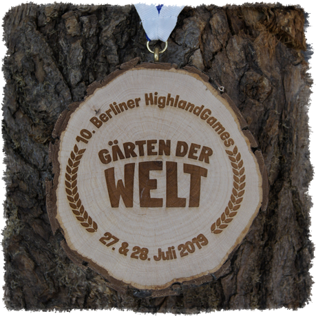 Holzmedaille mit Rinde, Erlenscheibe mit Rinde 10. Berliner HighlandGames 2019 Gärten der Welt