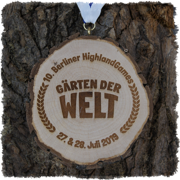 Holzmedaille Baumscheibenmedaille Erle mit Rinde, 10. Berliner HighlandGames 2019 Gärten der Welt