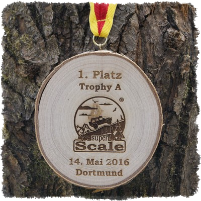 Holzmedaille Holzmedaille Baumscheibenmedaille Birke mit Rinde Super Scale Challenge Dortmund