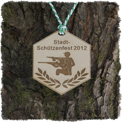 Sperrholzmedaille, Holzmedaille 6-eckig.