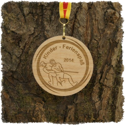 Sperrholzmedaille, Holzmedaille rund 70 mm, Kinder-Ferienspaß 2014 Tauziehen