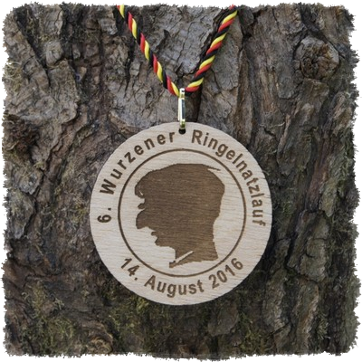 Sperrholzmedaille, Holzmedaille rund 70 mm, 6. Wurzener Ringelnatzlauf 2016