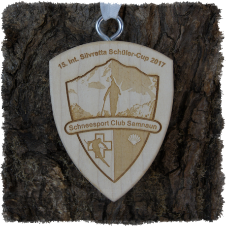 Schildmedaille Ahorn Wappen ca. 90 x 70 mm, Rundkante mit Schrauböse, 15. Int. Silvretta Schüler-Cup 2017 SSC Samnaun