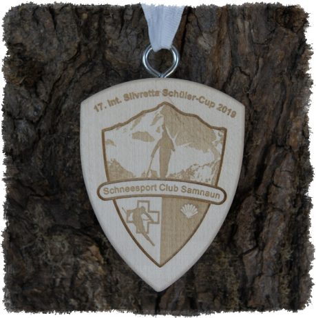Schildmedaille Ahorn Wappen ca. 90 x 70 mm, Rundkante mit Schrauböse, 17. Int. Silvretta Schüler-Cup 2019 SSC Samnaun