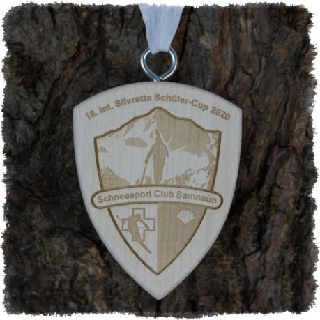 Schildmedaille Ahorn Wappen ca. 90 x 70 mm, Rundkante mit Schrauböse, 18. Int. Silvretta Schüler-Cup 2020 SSC Samnaun