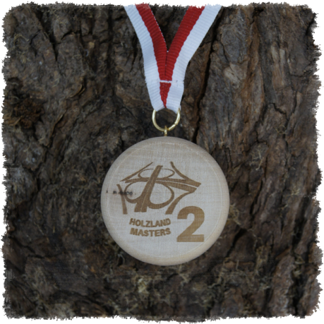 Vollholzmedaille aus Buche Ø ca. 46 mm, Rundkante mit Schrauböse, SV Hermsdorf Holzland Masters 2 2019