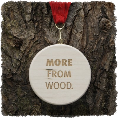 Vollholzedaille aus Ahorn Ø ca. 80 mm x 10 mm, Rundkante mit Schrauböse und Medaillenband