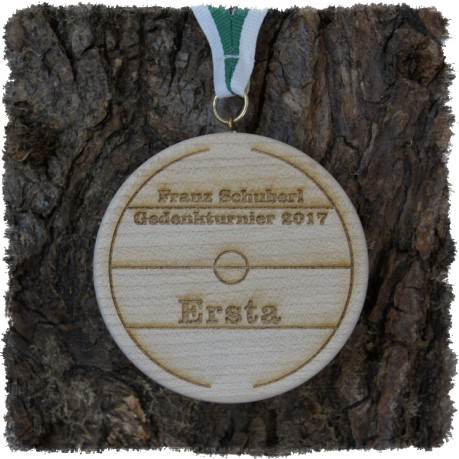 Vollholzedaille aus Ahorn Ø ca. 80 mm x 10 mm, Rundkante mit Schrauböse und Medaillenband