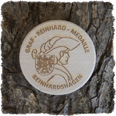 Vollholzedaille aus Ahorn Ø ca. 80 mm x 10 mm, Rundkante, Reinhardshagen - Graf Reinhard Medaille