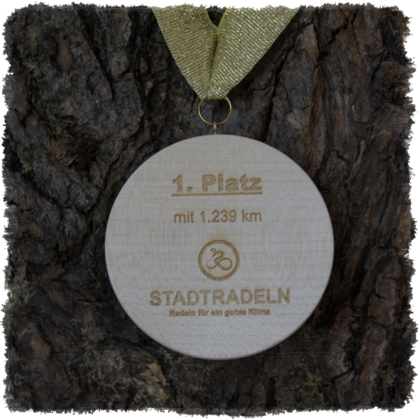 Vollholzedaille aus Ahorn Ø ca. 80 mm x 10 mm, Rundkante mit Schrauböse und Medaillenband