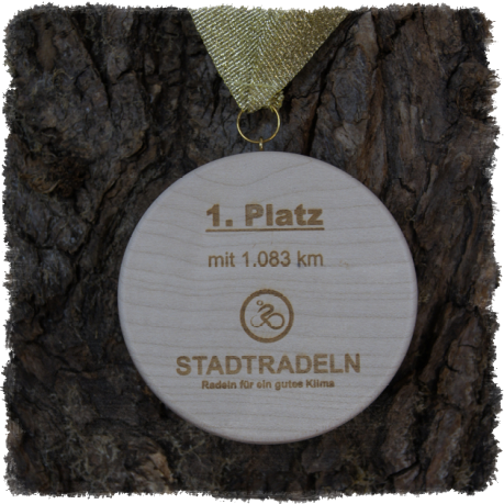 Vollholzedaille aus Ahorn Ø ca. 80 mm x 10 mm, Rundkante mit Schrauböse und Medaillenband