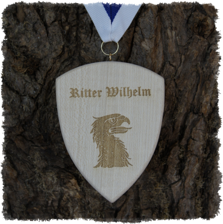 Vollholzmedaille Wappenschild ca. 90 x 70 mm, Rundkante mit Schrauböse, Ritter Wilhelm