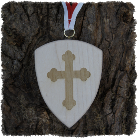 Vollholzmedaille aus Ahorn Schild, Wappen ca. 90 x 70 mm, Rundkante mit Schrauböse, Gaukler Kreuz