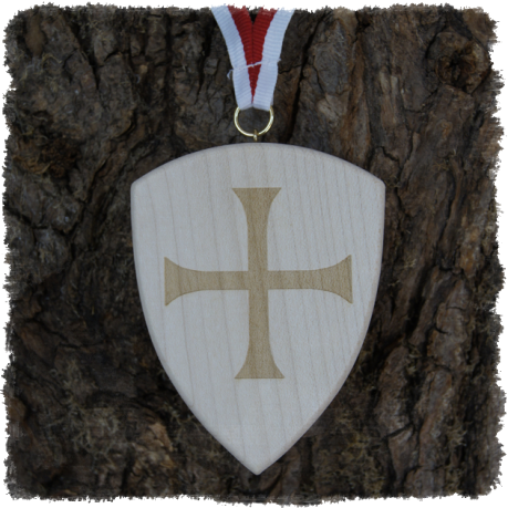 Vollholzmedaille aus Ahorn Schild, Wappen ca. 90 x 70 mm, Rundkante mit Schrauböse, Gaukler Kreuz 2