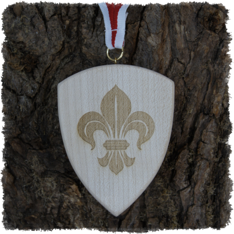 Vollholzmedaille aus Ahorn Schild, Wappen ca. 90 x 70 mm, Rundkante mit Schrauböse, Gaukler Lilie